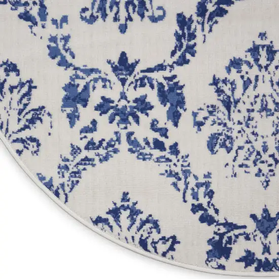 5' Ivory and Navy Blue Damask Distressed Round Rug Photo 9