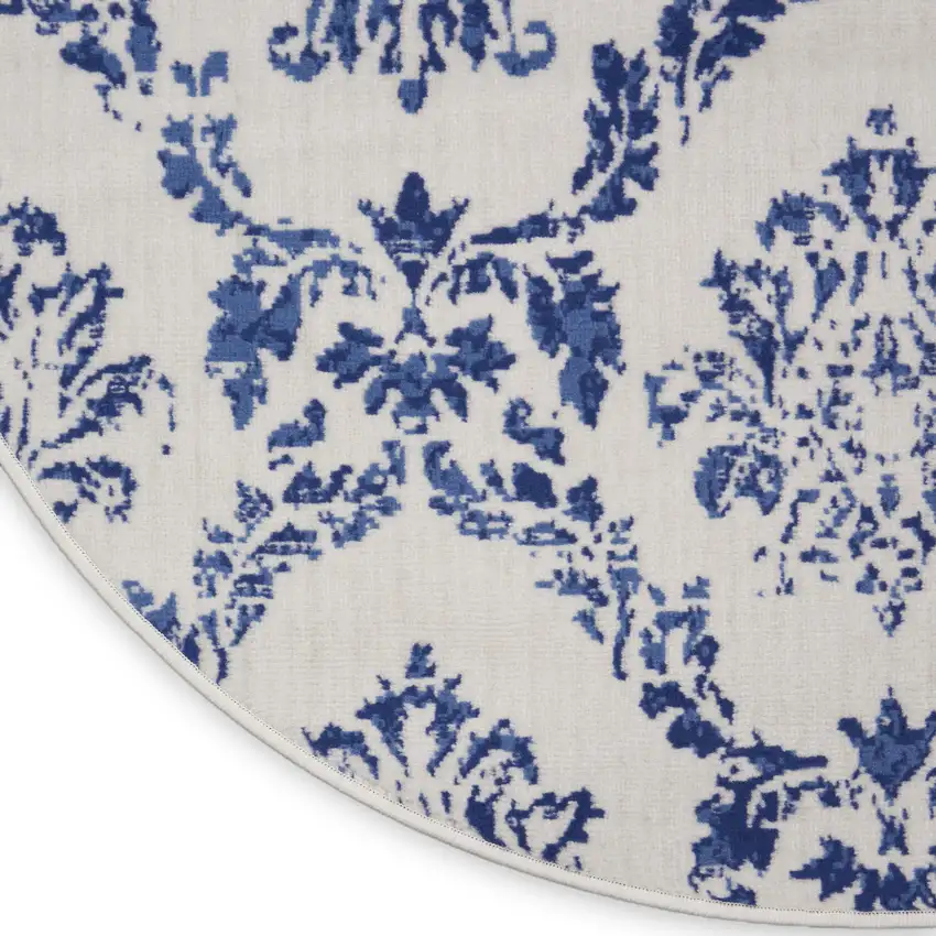 5' Ivory and Navy Blue Damask Distressed Round Rug Photo 9