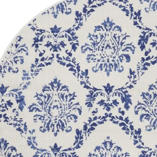 5' Ivory and Navy Blue Damask Distressed Round Rug Photo 7