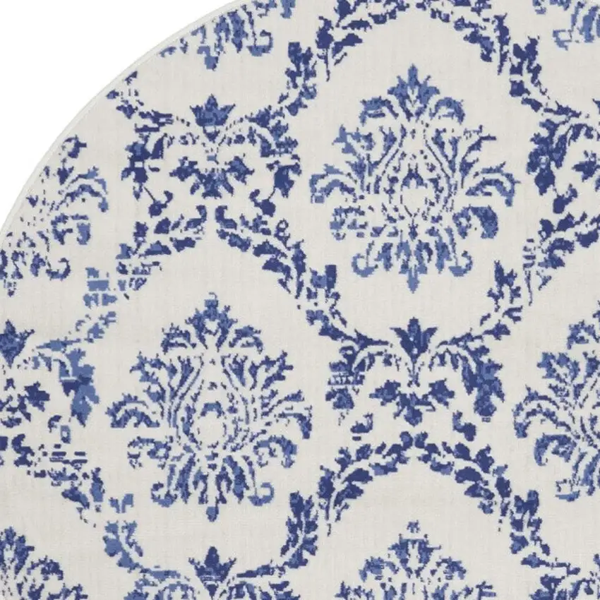 5' Ivory and Navy Blue Damask Distressed Round Rug Photo 7