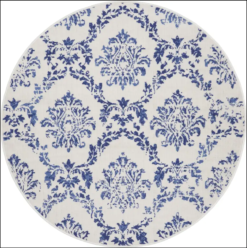 5' Ivory and Navy Blue Damask Distressed Round Rug Photo 4