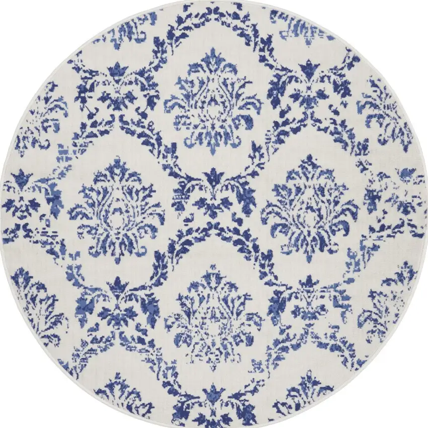 5' Ivory and Navy Blue Damask Distressed Round Rug Photo 5