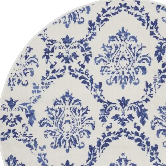 5' Ivory and Navy Blue Damask Distressed Round Rug Photo 3