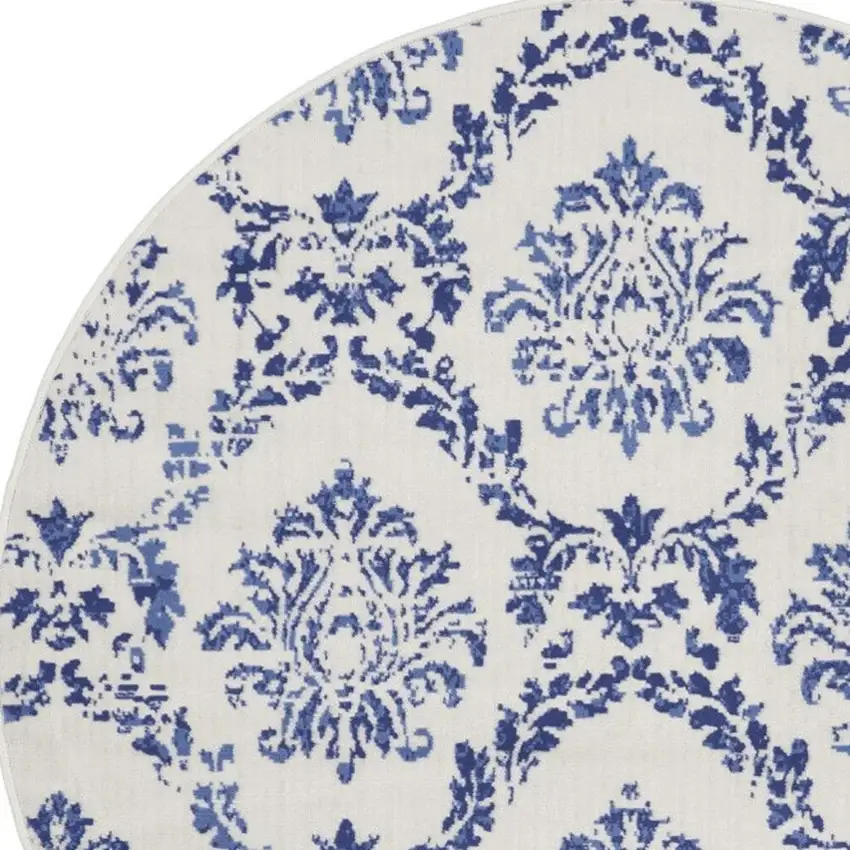 5' Ivory and Navy Blue Damask Distressed Round Rug Photo 3