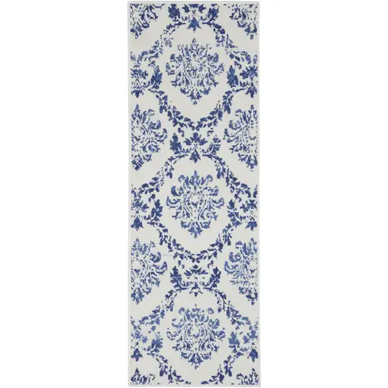 6' Ivory and Navy Blue Damask Distressed Runner Rug Photo 2