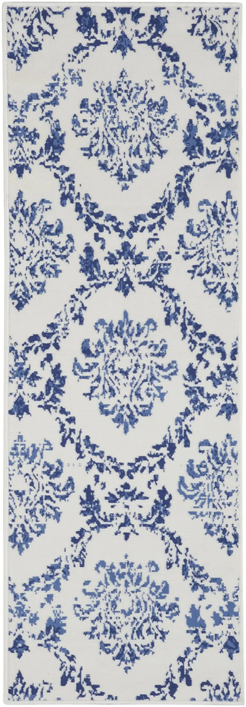 6' Ivory and Navy Blue Damask Distressed Runner Rug Photo 2
