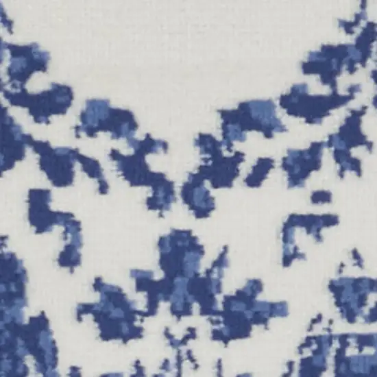 6' Ivory and Navy Blue Damask Distressed Runner Rug Photo 4