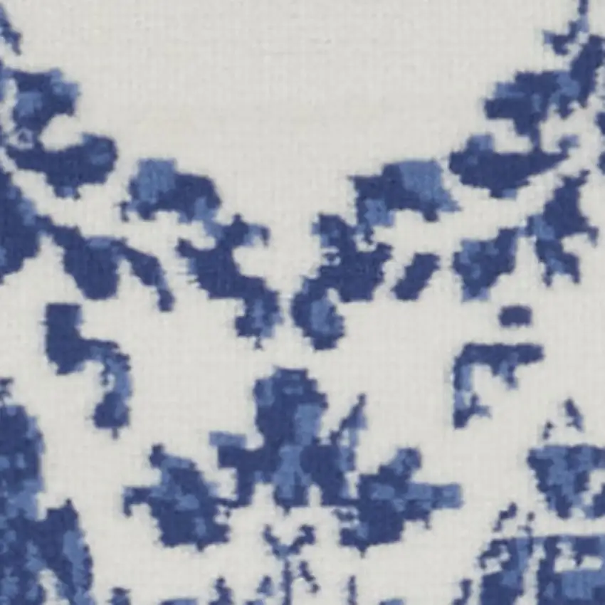 6' Ivory and Navy Blue Damask Distressed Runner Rug Photo 4