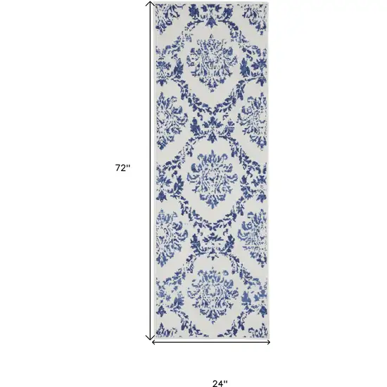 6' Ivory and Navy Blue Damask Distressed Runner Rug Photo 3