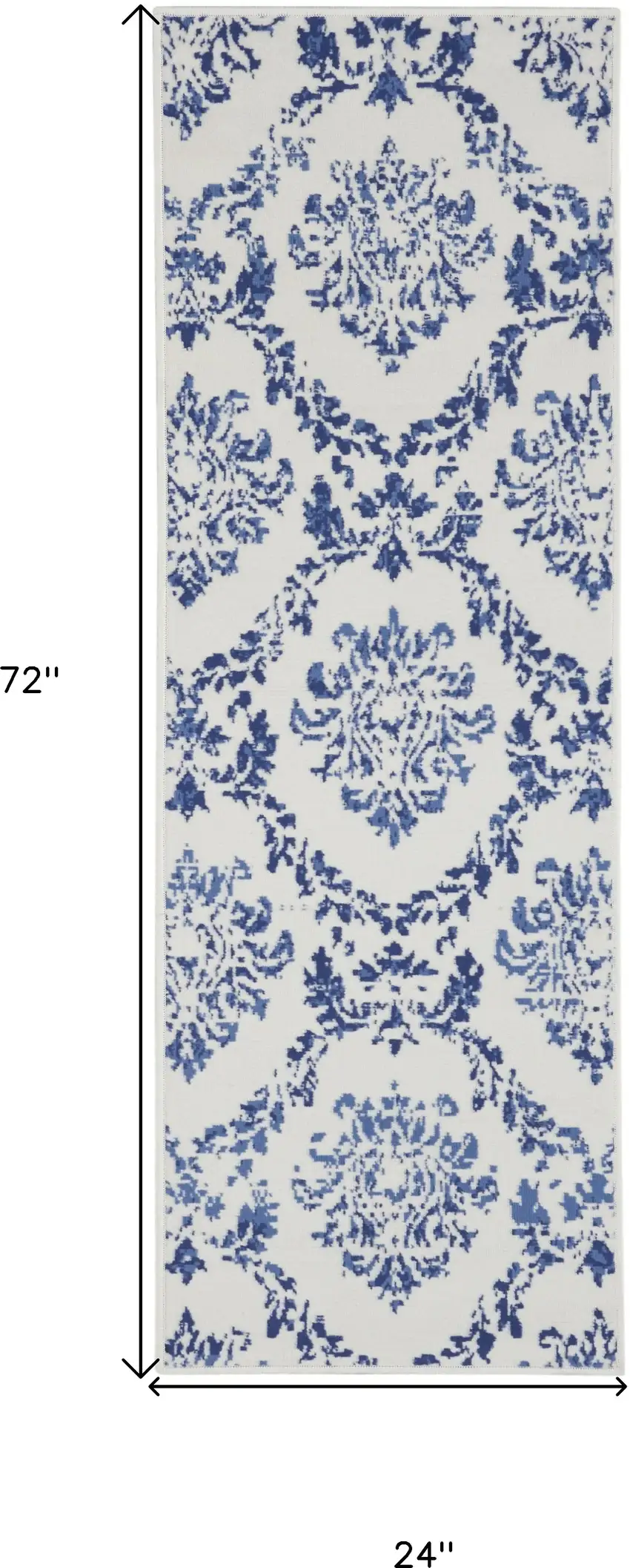 6' Ivory and Navy Blue Damask Distressed Runner Rug Photo 3