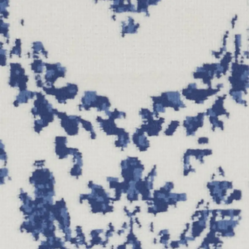 6' Ivory and Navy Blue Damask Distressed Runner Rug Photo 5