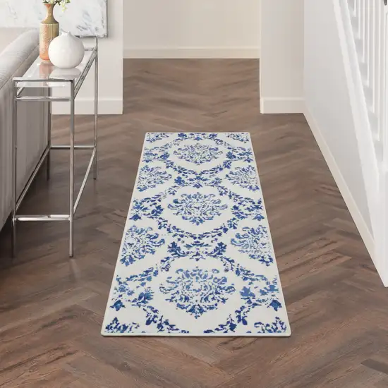 6' Ivory and Navy Blue Damask Distressed Runner Rug Photo 6
