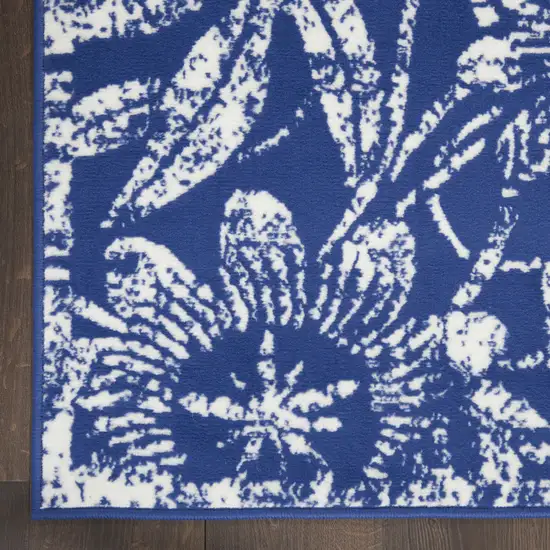 8' Ivory and Navy Blue Floral Distressed Non Skid Runner Rug Photo 9