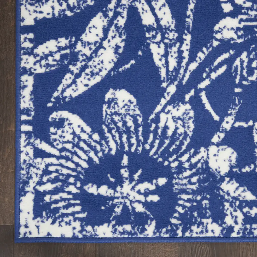8' Ivory and Navy Blue Floral Distressed Non Skid Runner Rug Photo 9