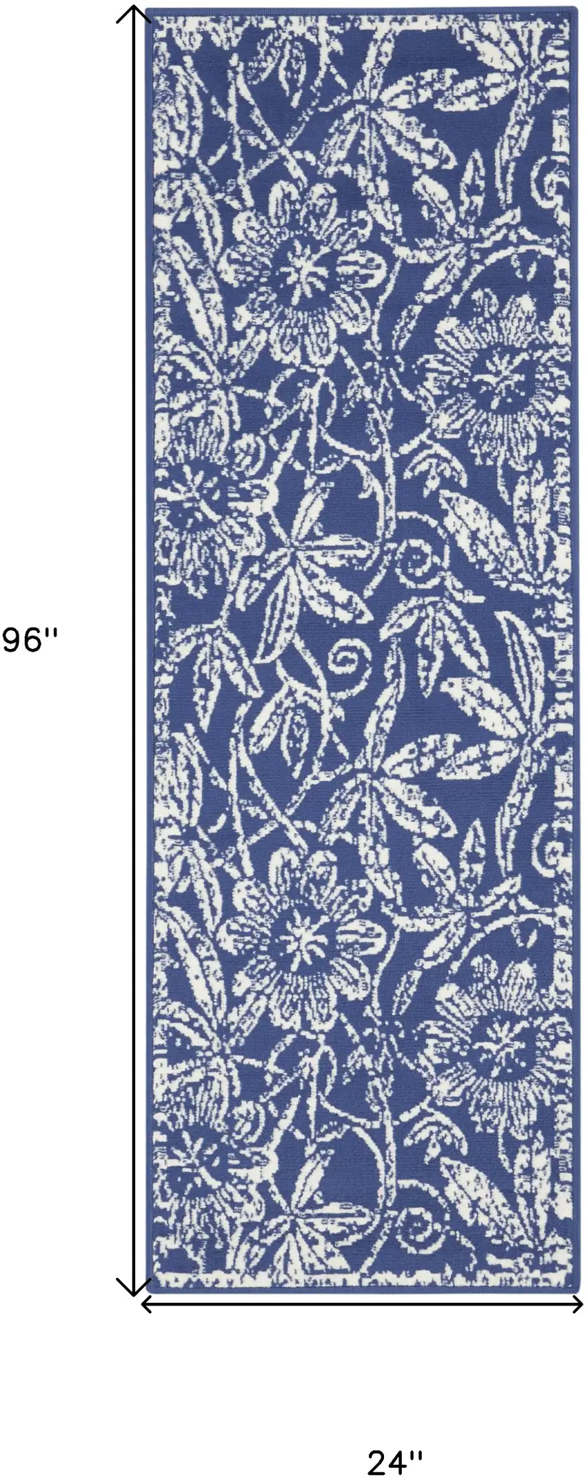 8' Ivory and Navy Blue Floral Distressed Non Skid Runner Rug Photo 3