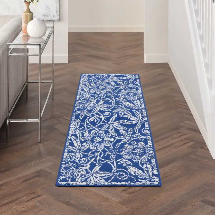 8' Ivory and Navy Blue Floral Distressed Non Skid Runner Rug Photo 4