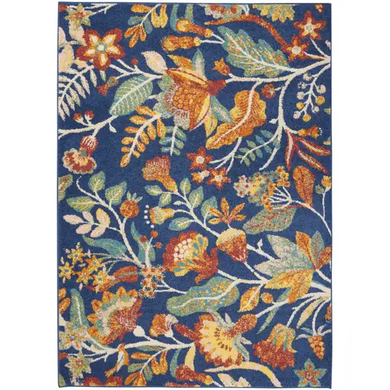 8' Ivory and Navy Blue Floral Distressed Non Skid Runner Rug Photo 1