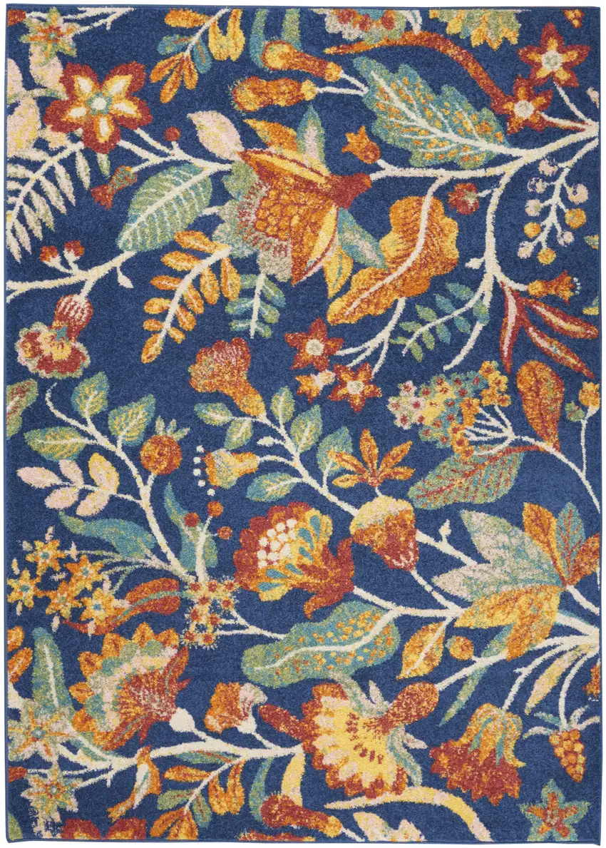 8' Ivory and Navy Blue Floral Distressed Non Skid Runner Rug Photo 1