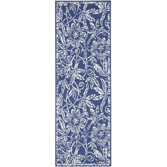 8' Ivory and Navy Blue Floral Distressed Non Skid Runner Rug Photo 8