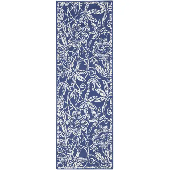 8' Ivory and Navy Blue Floral Distressed Non Skid Runner Rug Photo 2