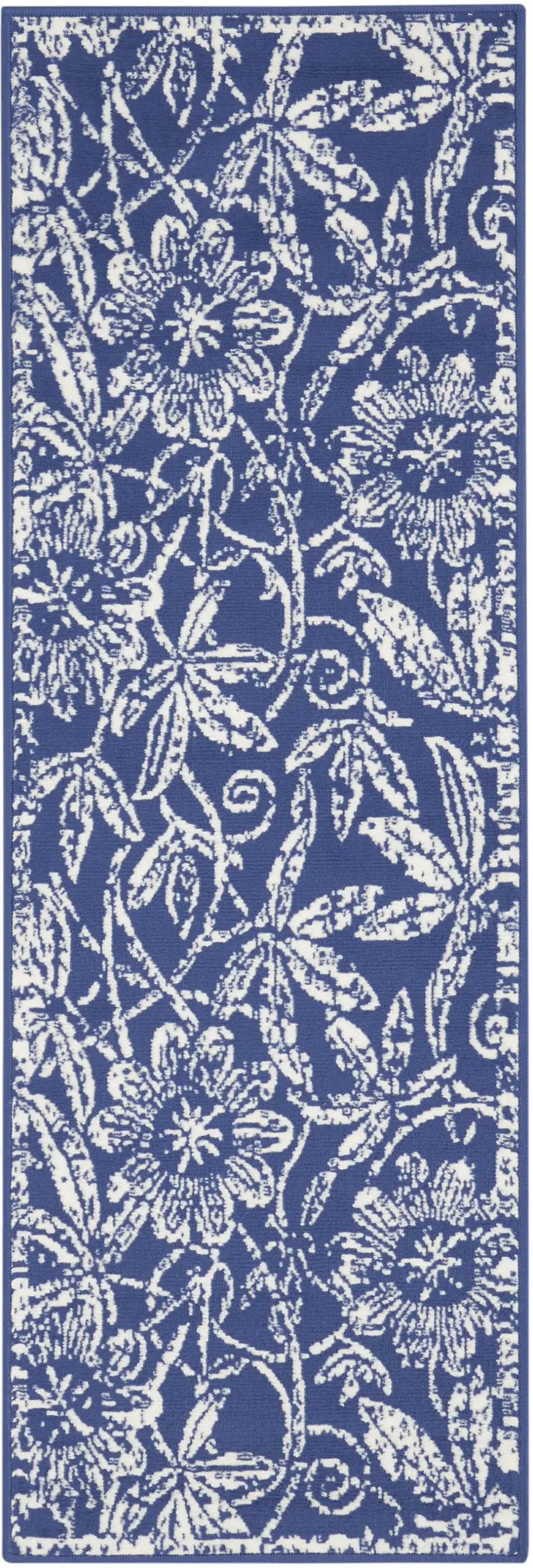 8' Ivory and Navy Blue Floral Distressed Non Skid Runner Rug Photo 2