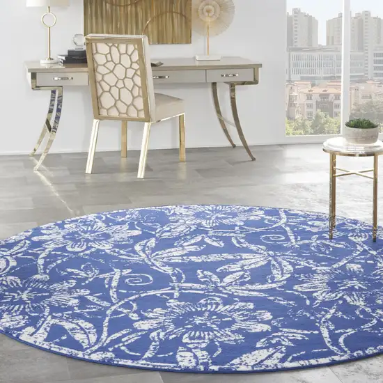 8' Ivory and Navy Blue Floral Distressed Round Rug Photo 5