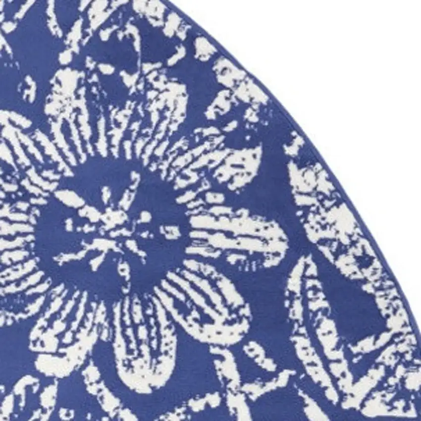 8' Ivory and Navy Blue Floral Distressed Round Rug Photo 8