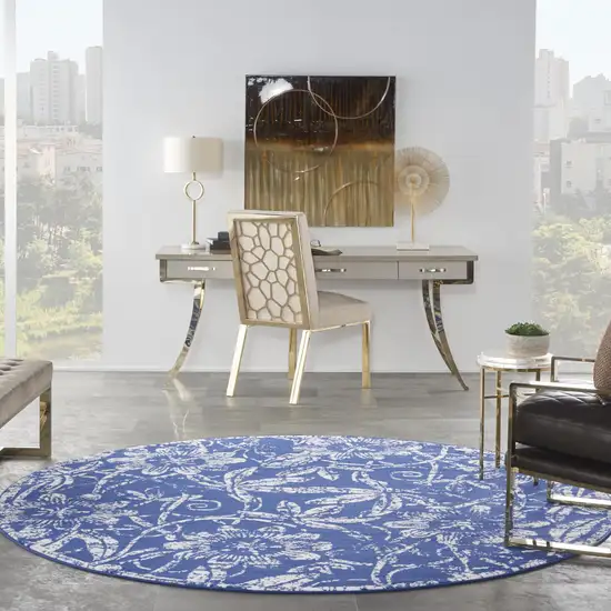 8' Ivory and Navy Blue Floral Distressed Round Rug Photo 6