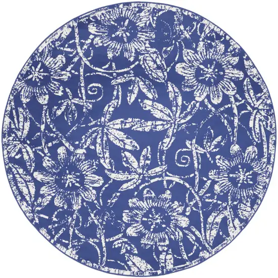 8' Ivory and Navy Blue Floral Distressed Round Rug Photo 1