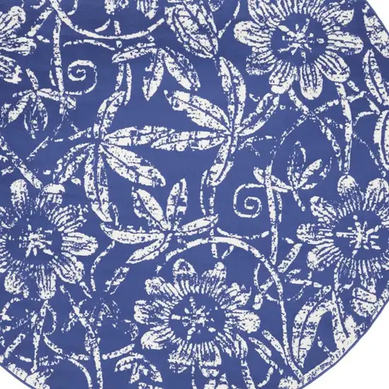 8' Ivory and Navy Blue Floral Distressed Round Rug Photo 2