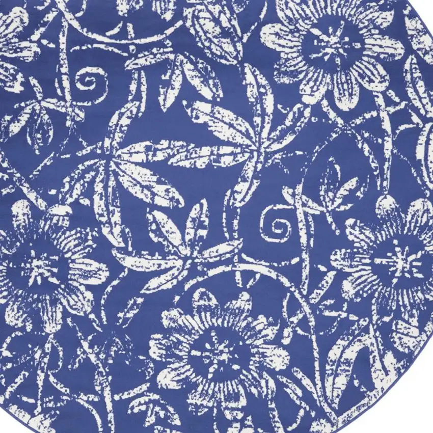 8' Ivory and Navy Blue Floral Distressed Round Rug Photo 2