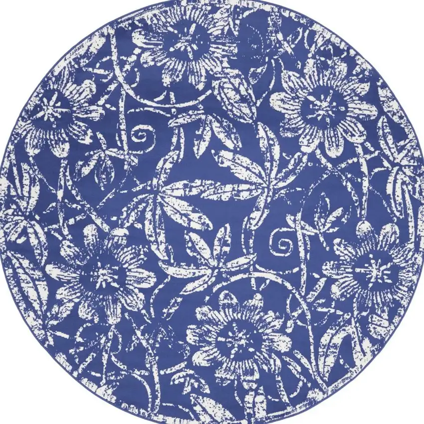 8' Ivory and Navy Blue Floral Distressed Round Rug Photo 4