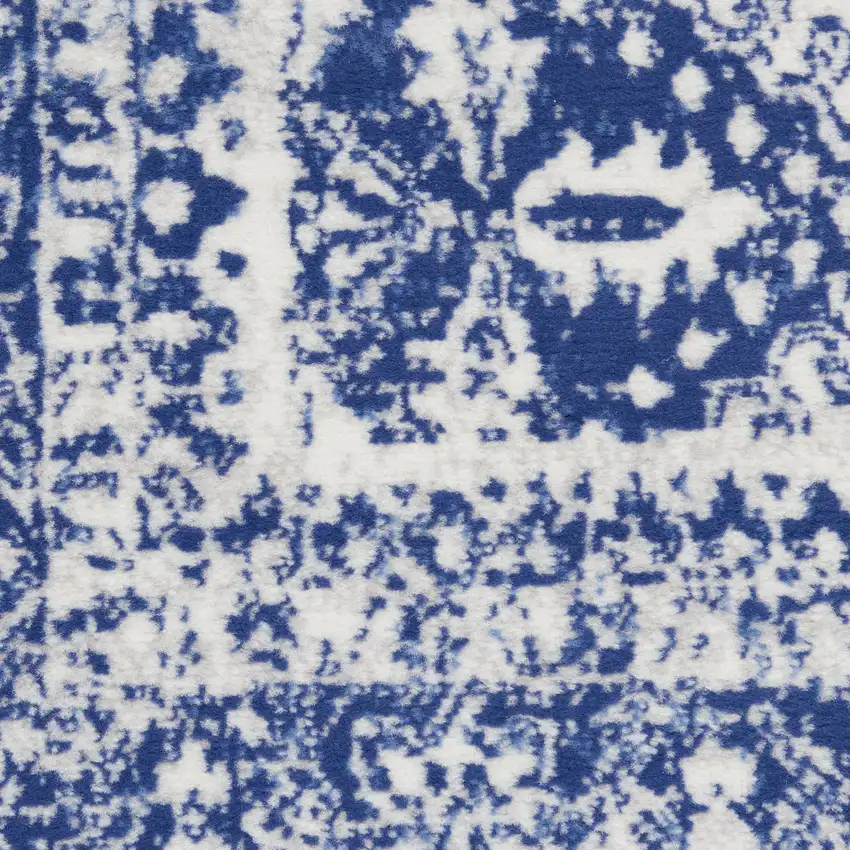 8' Ivory and Navy Blue Geometric Distressed Non Skid Runner Rug Photo 1