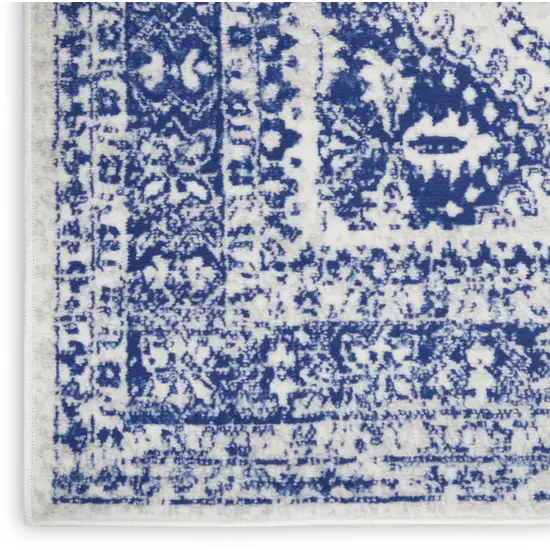 8' Ivory and Navy Blue Geometric Distressed Non Skid Runner Rug Photo 8