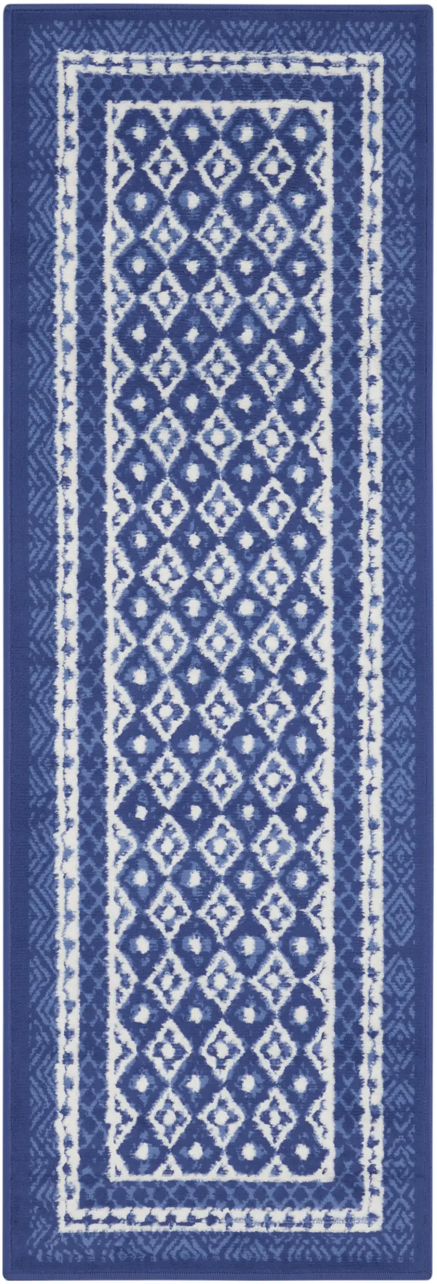 8' Ivory and Navy Blue Geometric Distressed Non Skid Runner Rug Photo 2