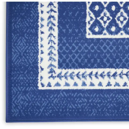 8' Ivory and Navy Blue Geometric Distressed Non Skid Runner Rug Photo 6