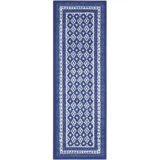 8' Ivory and Navy Blue Geometric Distressed Non Skid Runner Rug Photo 7