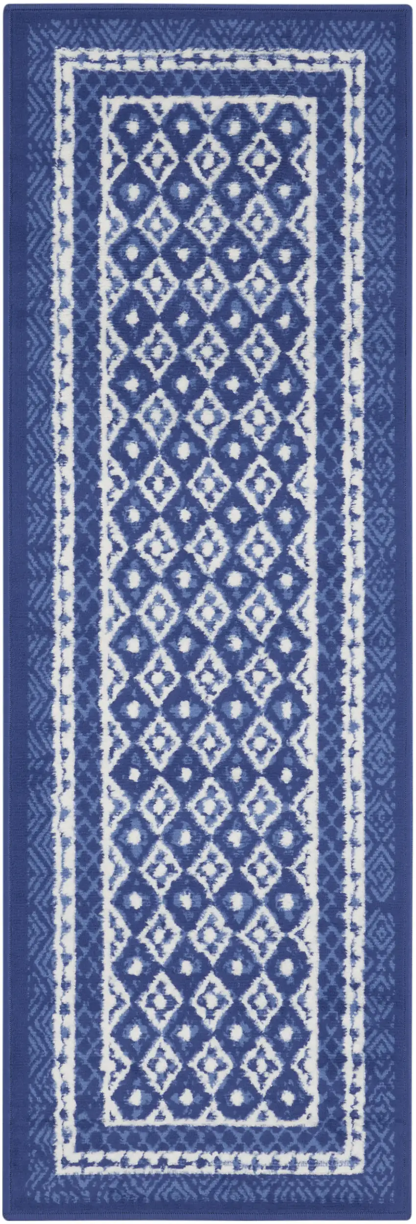 8' Ivory and Navy Blue Geometric Distressed Non Skid Runner Rug Photo 7