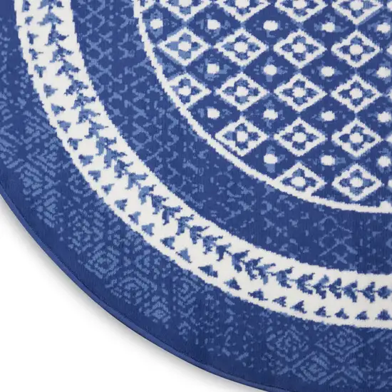 8' Ivory and Navy Blue Geometric Distressed Round Rug Photo 9