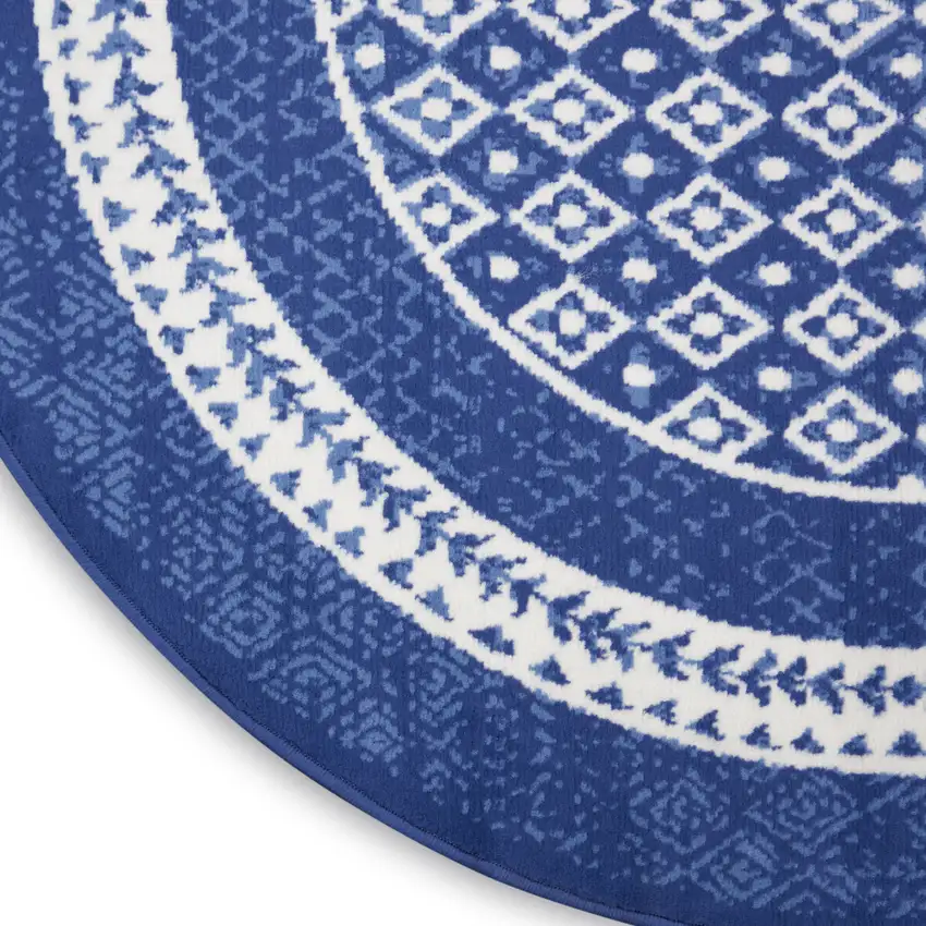 8' Ivory and Navy Blue Geometric Distressed Round Rug Photo 9