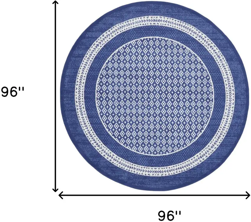 8' Ivory and Navy Blue Geometric Distressed Round Rug Photo 3