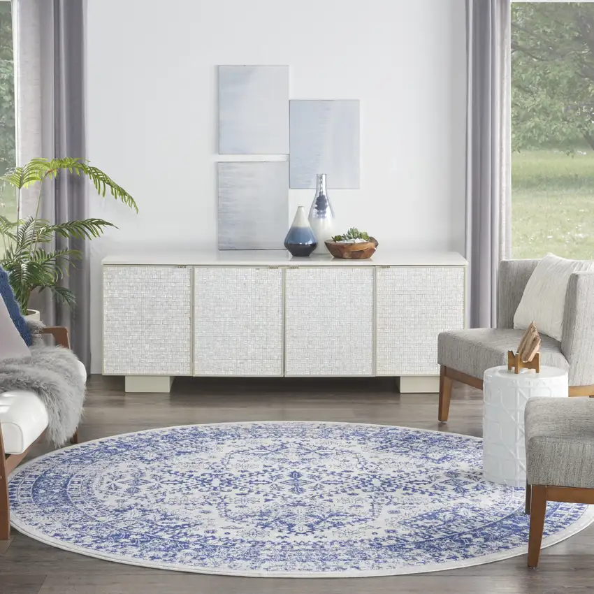 8' Ivory and Navy Blue Geometric Distressed Round Rug Photo 6