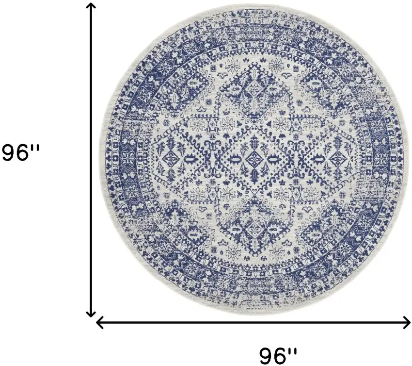 8' Ivory and Navy Blue Geometric Distressed Round Rug Photo 3