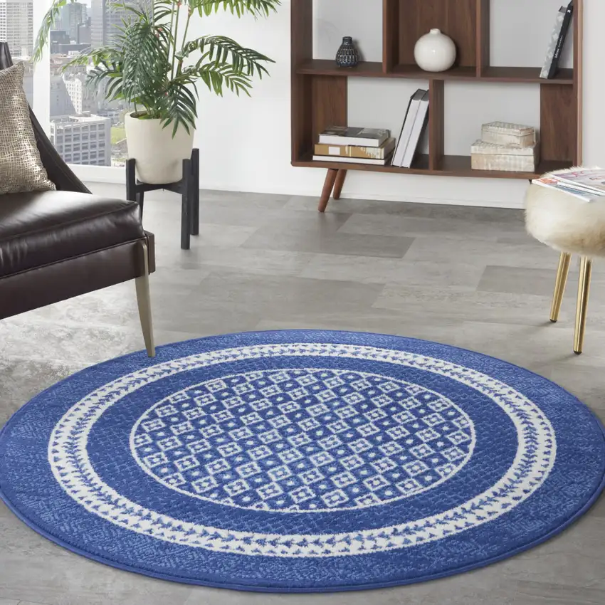 5' Ivory and Navy Blue Geometric Distressed Round Rug Photo 5