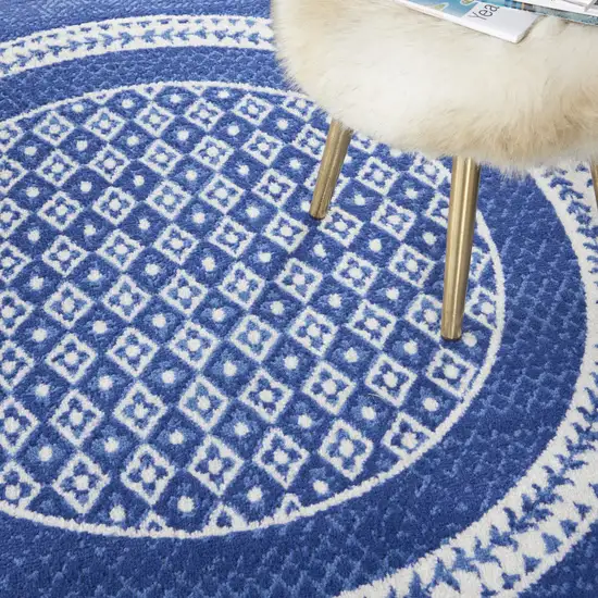 5' Ivory and Navy Blue Geometric Distressed Round Rug Photo 8