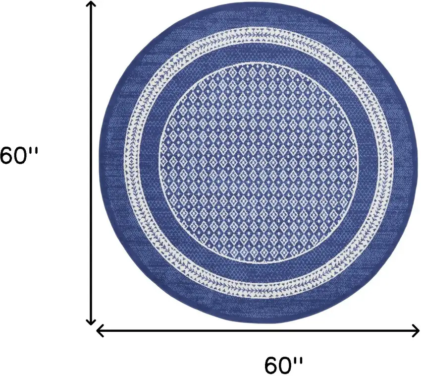 5' Ivory and Navy Blue Geometric Distressed Round Rug Photo 3