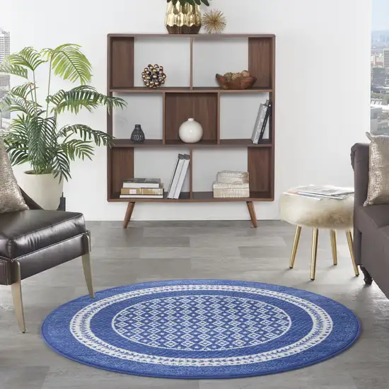 5' Ivory and Navy Blue Geometric Distressed Round Rug Photo 6