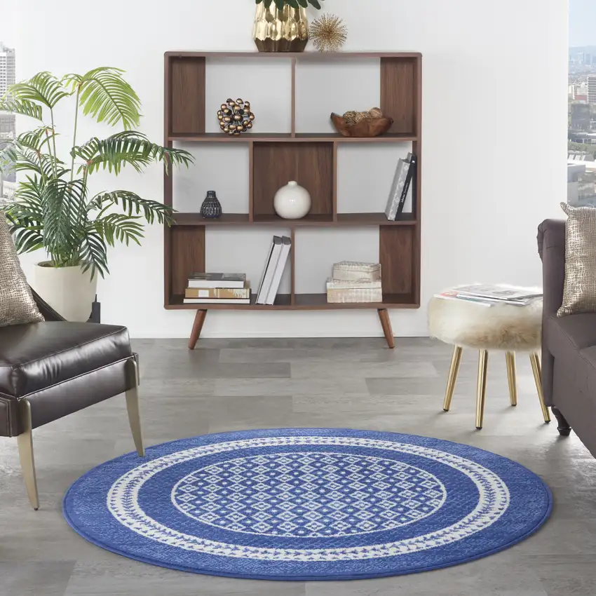 5' Ivory and Navy Blue Geometric Distressed Round Rug Photo 6