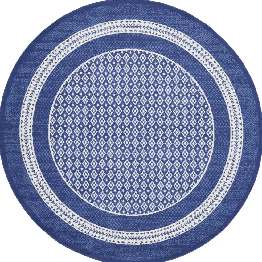 5' Ivory and Navy Blue Geometric Distressed Round Rug Photo 8