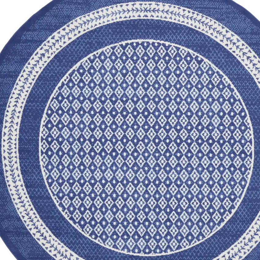 5' Ivory and Navy Blue Geometric Distressed Round Rug Photo 7